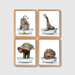 Safari Bathtub Animals Set of 4 Prints, Elephant Humor, Hippo Bathroom Decor, Fun Giraffe Canvas, African Lion Wall Art, Printed & Shipped