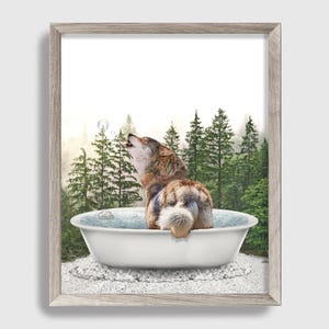 May include: A wolf howling in a white bathtub surrounded by a forest setting. The wolf is brown and gray with a white chest and a bushy tail. The bathtub is filled with water and there are bubbles floating in the water.