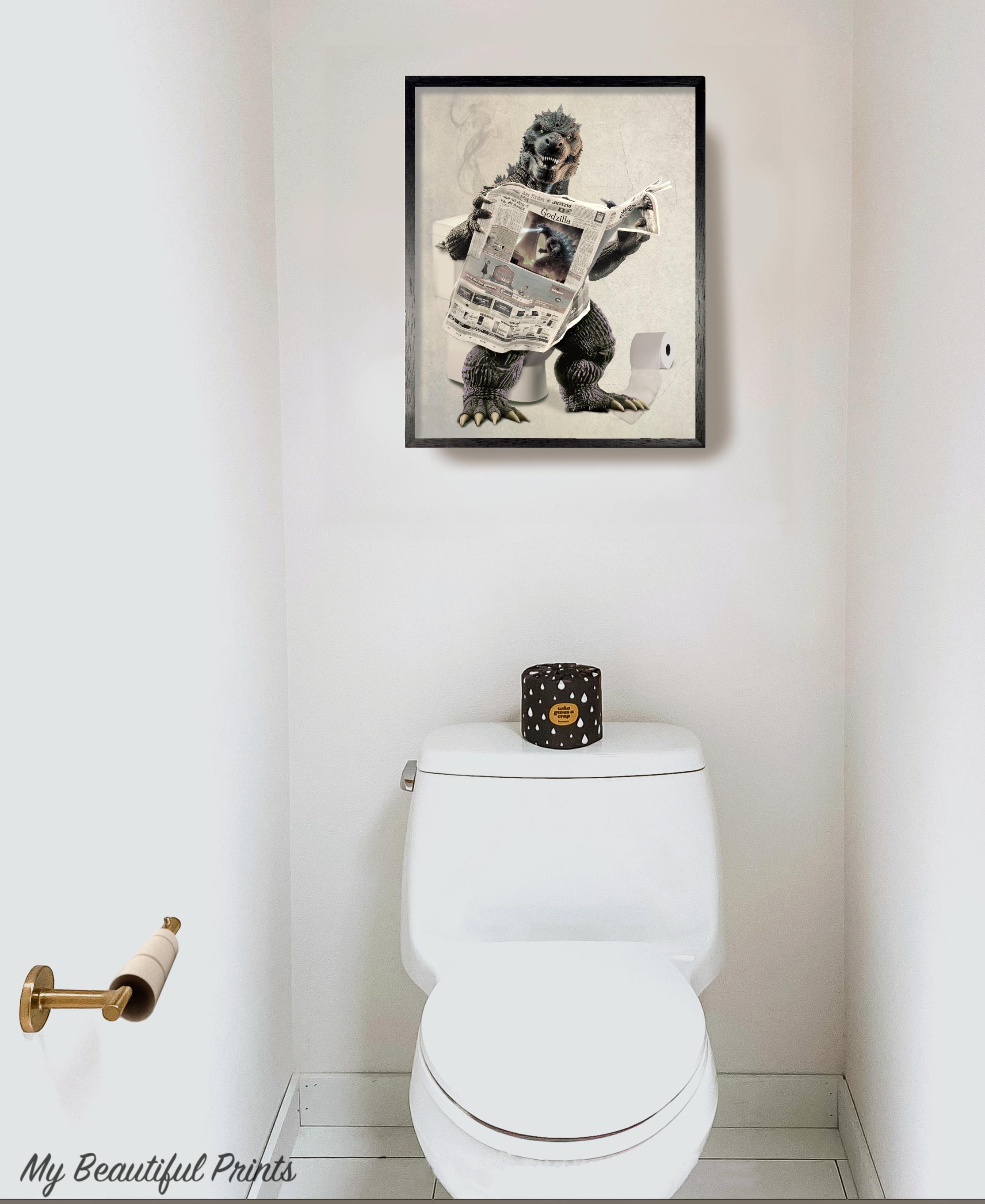 out     ❁toilet♪ドアプレート❁∗︎*゜ Funny Godzilla Vintage Bathroom Print, Kaiju Toilet Newspaper Art