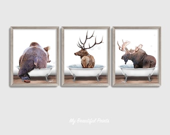 Woodland Animals in Bathtubs Print Set, Rustic Bathroom Decor