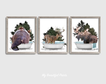 Bathtub Woodland Animal Butt Set of 3 Prints, Moose Wall Art, Cute Bear Decor, Whitetail Deer Humor, Rustic Cabin Canvas, Printed & Shipped