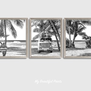Beach VW Van Set of 3 Prints, California Surfing Paradise Decor, Ocean Poster, Palm Trees Wall Art, Vintage Bus Canvas, Printed & Shipped