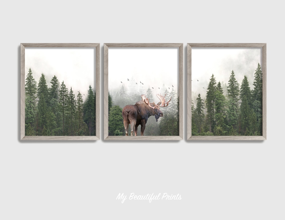 Moose Forest Set of 3 Prints, Rustic Log Cabin Decor, Woodland Animal ...