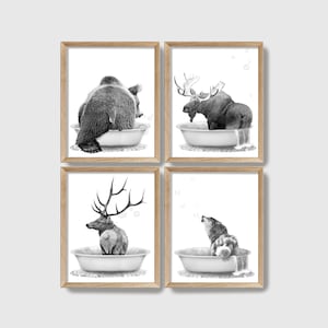 Bathtub Woodland Animal Butt Set of 4 Prints, Rustic Bear Wall Art, Moose Cabin Decor, Wolf Canvas, Elk Deer Bathroom, Printed & Shipped
