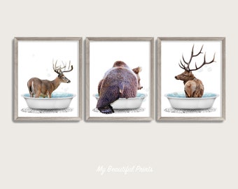 Bathtub Woodland Animals Butt Set of 3 Prints, Rustic Log Cabin Decor, Elk Wall Art, Bear Poster, Deer Bathroom Canvas, Printed & Shipped