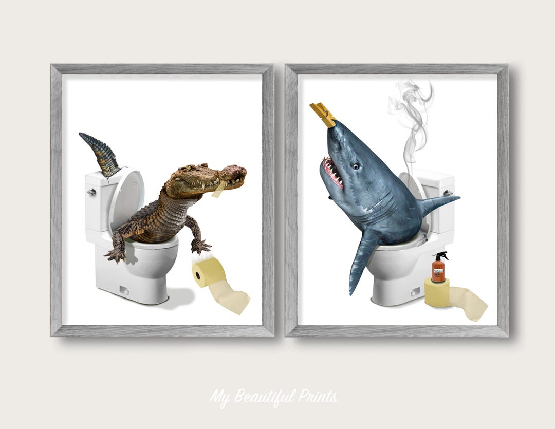 Alligator Shark Bathroom Set of 2 Prints, Ocean Toilet Humor Decor ...