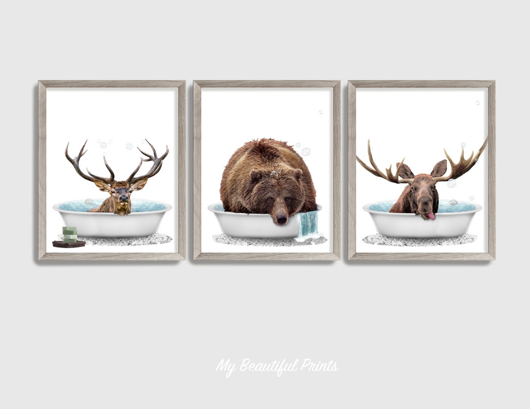 Bathtub Woodland Animals Set of 3 Prints, Rustic Log Cabin Decor, Moose
