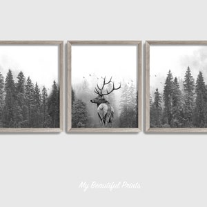 Deer Forest Set of 3 Prints, Black & White Rustic Log Cabin Elk Decor, Woodland Animal Wall Art, Pine Trees Poster, Printed and Shipped