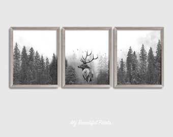 Elk Forest Print Set, Black and White, Rustic Cabin Wall Art