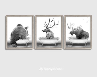 Bathtub Woodland Animal Butt Set of 3 Prints, Rustic Log Cabin Decor, Moose Wall Art, Bear Canvas, Deer Bathroom Humor, Printed & Shipped