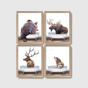 Bathtub Woodland Animal Butt Set of 4 Prints, Rustic Log Cabin Bear Wall Art, Wolf Decor, Moose Canvas, Elk Deer Bathroom, Printed & Shipped