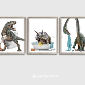 Dinosaur Bathroom Set of 3 Print, Quirky Dino Bathtub Wall Art, Funny T-rex Toilet Humor Decor, Cute Brush Teeth Canvas, Printed & Shipped