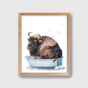 Bathtub Buffalo Butt Print, Rustic Bison Log Cabin Decor, Cute Woodland Animal Wall Art, Funny Nursery Wildlife Canvas, Printed and Shipped