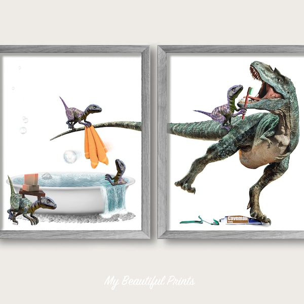 Dinosaur Bathtub Family Set of 2 Print, Prehistoric T-rex Wall Art, Funny Bathroom Poster Decor, Brush Teeth Humor Canvas, Printed & Shipped