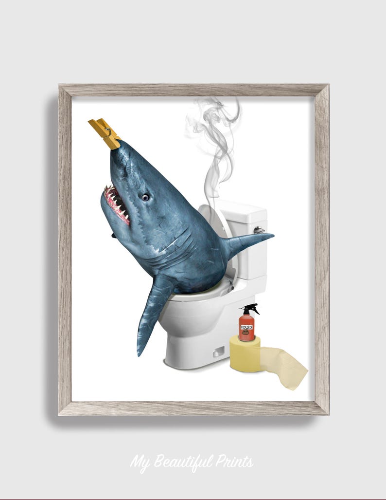 Shark Toilet Print, Fish Sea Creature Wall Art, Quirky Marine Ocean