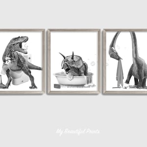 Black & White Dinosaur Bathroom Set of 3 Print, Funny Dino Bathtub Wall Art, T-rex Toilet Decor, Brush Teeth Canvas, Printed and Shipped