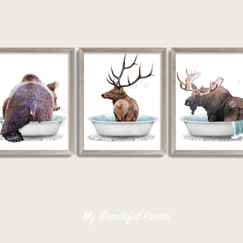Bathtub Woodland Animal Butt Set of 4 Prints Moose Decor Etsy