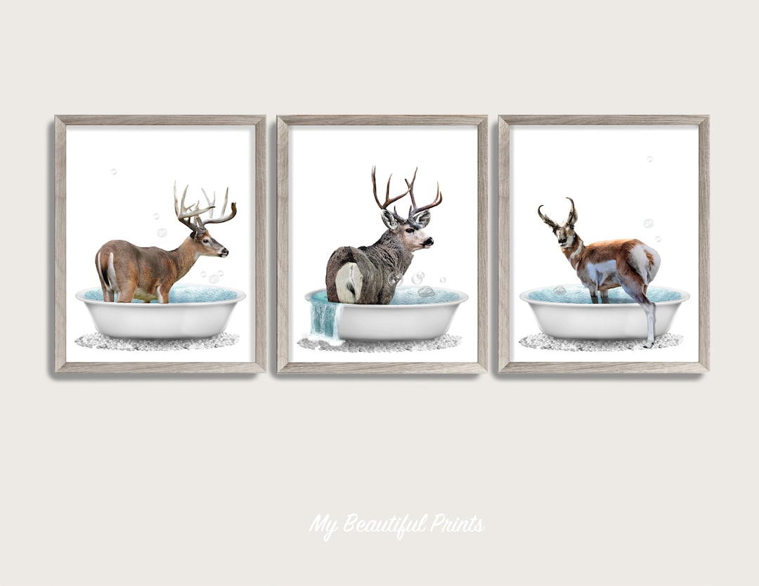 Bathtub Woodland Animal Butt Set of 3 Prints, Whitetail Rustic Cabin