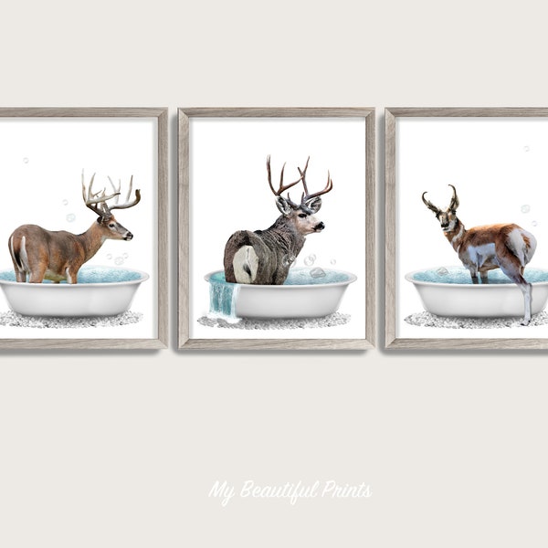 Bathtub Woodland Animal Butt Set of 3 Prints, Whitetail Rustic Cabin Decor, Mule Deer Wall Art, Antelope Bathroom Canvas, Printed & Shipped