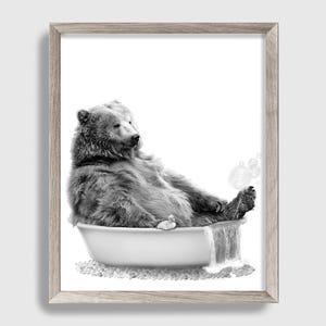 Big Bear Print, Baby Duck Rustic Log Cabin Decor, Cute Woodland Wall Art, Black & White Nursery Animal Bathtub Canvas, Printed and Shipped
