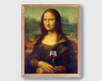 Mona Lisa Wine Print, Altered Leonardo Da Vinci Portrait Decor, Boho Wall Art Painting Canvas, Red Glass Bar Poster, Printed and Shipped