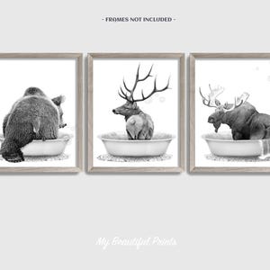 Bathtub Woodland Animals Butt Set of 3 Prints, Rustic Cabin Decor, Moose Wall Art, Bear Poster, Deer Elk Bathroom Canvas, Printed & Shipped