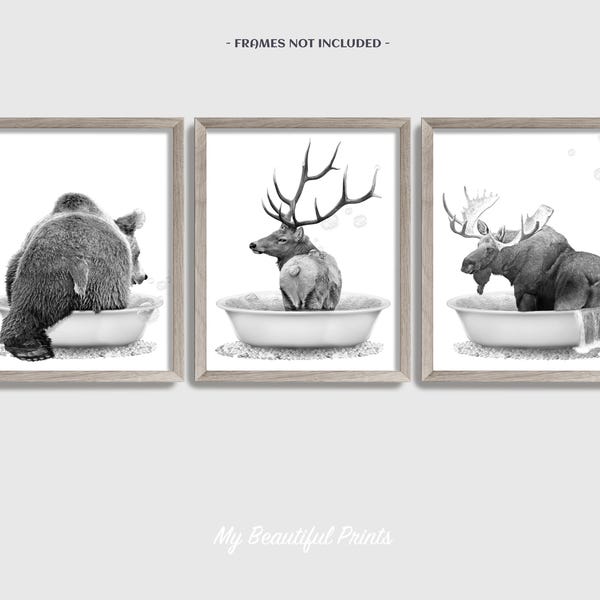 Woodland Animals in Bathtubs Print Set, Rustic Bathroom Decor