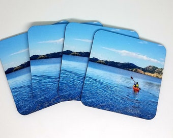 Lake Life Decor Coasters, Gift for Boater, Kayak Photo, Cork Photo Coasters Set, Wyoming Boating Gifts