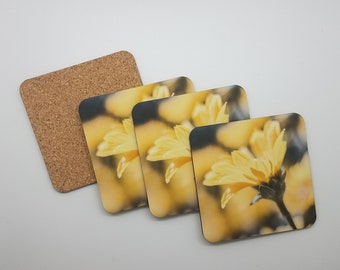 Yellow Wildflower Coasters, Cork Drink Coaster Set, Flower Decor Mothers Day Gift, Wyoming Photo Gifts