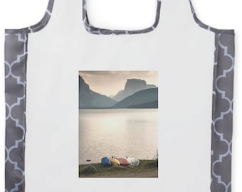 Wyoming Lake Travel Roll Up Collapsible Bag, Reusable Shopping Grocery Tote, Kayak Lover Gift