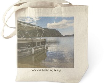 Lake Photo Cotton Canvas Tote Bag, Wyoming Boater Eco Friendly Gift, Farmers Market Lake Life