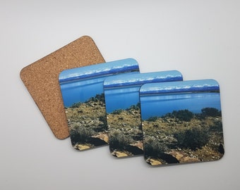 High Desert Lake Coaster Set, Wyoming Landscape Photo Gift, Sagebrush Art Cork Coasters