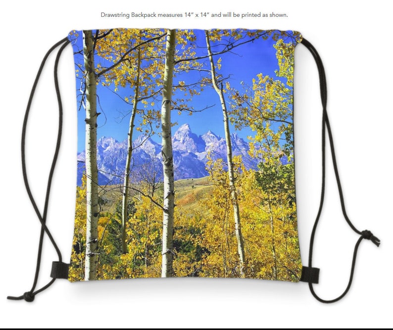 Fall Aspen Leaves Photo, Grand Teton National Park Drawstring Backpack Tote Bag, Camping Travel Swim Kids Bag, Wyoming Ready to Ship Gift image 1