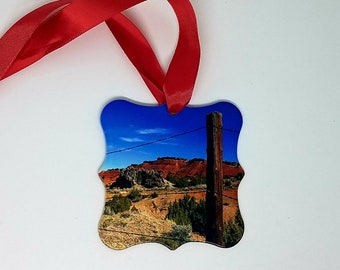 Red Rock Fence Ornament, Western Mountain Barbwire Decor, Metal Photo Christmas Ornaments, Montana Wyoming Souvenir Gifts