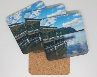 Pontoon Boat Cork Coaster Set, Lake House Photography Decor, Wyoming Gift for Boat Owner