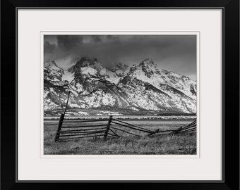 Framed Print Teton Mountains Black and White Art, National Park Photo Wyoming Gifts, Western Livestock Fence Picture