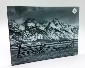 Grand Teton 5x7 Desktop Photo, Western Fence Photo Art, Black and White Tiny House Shelf Decor, Ready to Ship Mountain Print