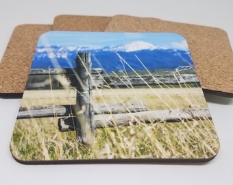 Fence Photo Cork Back Coaster Set, Grand Teton National Park Wyoming Mountains, Western Decor Housewarming Gift