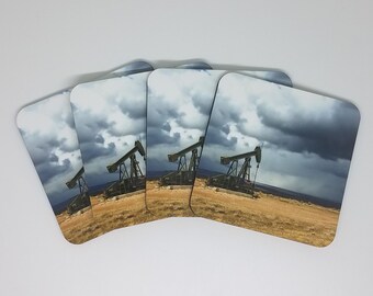 Oil and Gas Photo Cork Back Coaster Set, Wyoming Midwest Industrial Decor, Oil Field Pump Jack Roughneck Retirement Gift