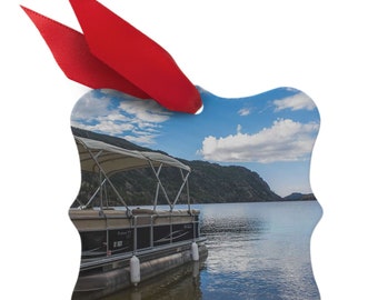 Pontoon Boat Ornament, Lake Life Decor, Metal Photo Christmas Ornaments, Montana Wyoming Souvenir Gifts