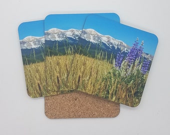 Lupine Wildflower Coaster Set, Purple Flower Decor Gift for Mom, Wyoming Photo Cork Coasters, Mountain Range Gift for Sister