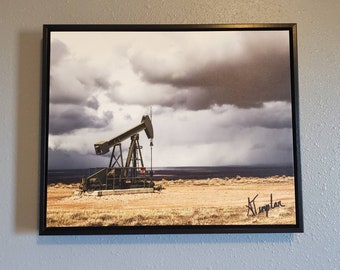 Oil and Gas Well Pump Jack 16x20 Framed Canvas Wall Art, Industrial Midwest Decor Print Photo, Wyoming Oilfield Photography Standout Canvas