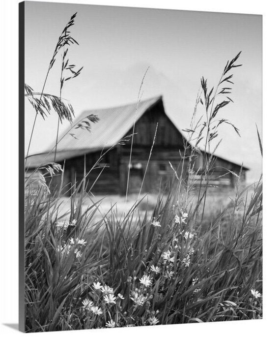 Black and White Jackson Hole Barn Photo, Grand Teton National Park Canvas Print, Wyoming Wall Art