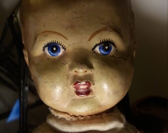 Antique sackbody doll with composition head curiosity collectable spirit vessel