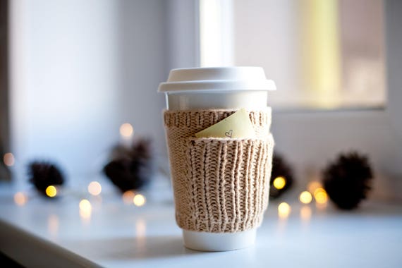 knit starbucks cup coffee sleeve with pocket cabled coffee cup etsy