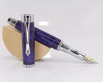 Handmade Fountain Pen: Purple Broad Leaf Curly Maple Wood with Chrome