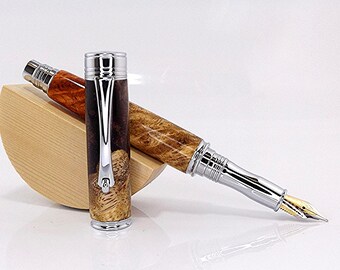 Handmade Fountain Pen: Two Toned Amboyna Burl Wood and Copper Resin with Chrome