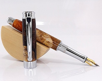 Handmade Amboyna Burl and Brown Resin Fountain Pen – Chrome Plated Luxury Wood Writer