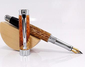 Handmade Amboyna Burl Black Resin Fountain Pen – Chrome Plated Luxury Wood Writer