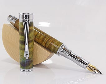 Handmade Fountain Pen: Multi-Coloured Broad Leaf Curly Maple Wood with Chrome